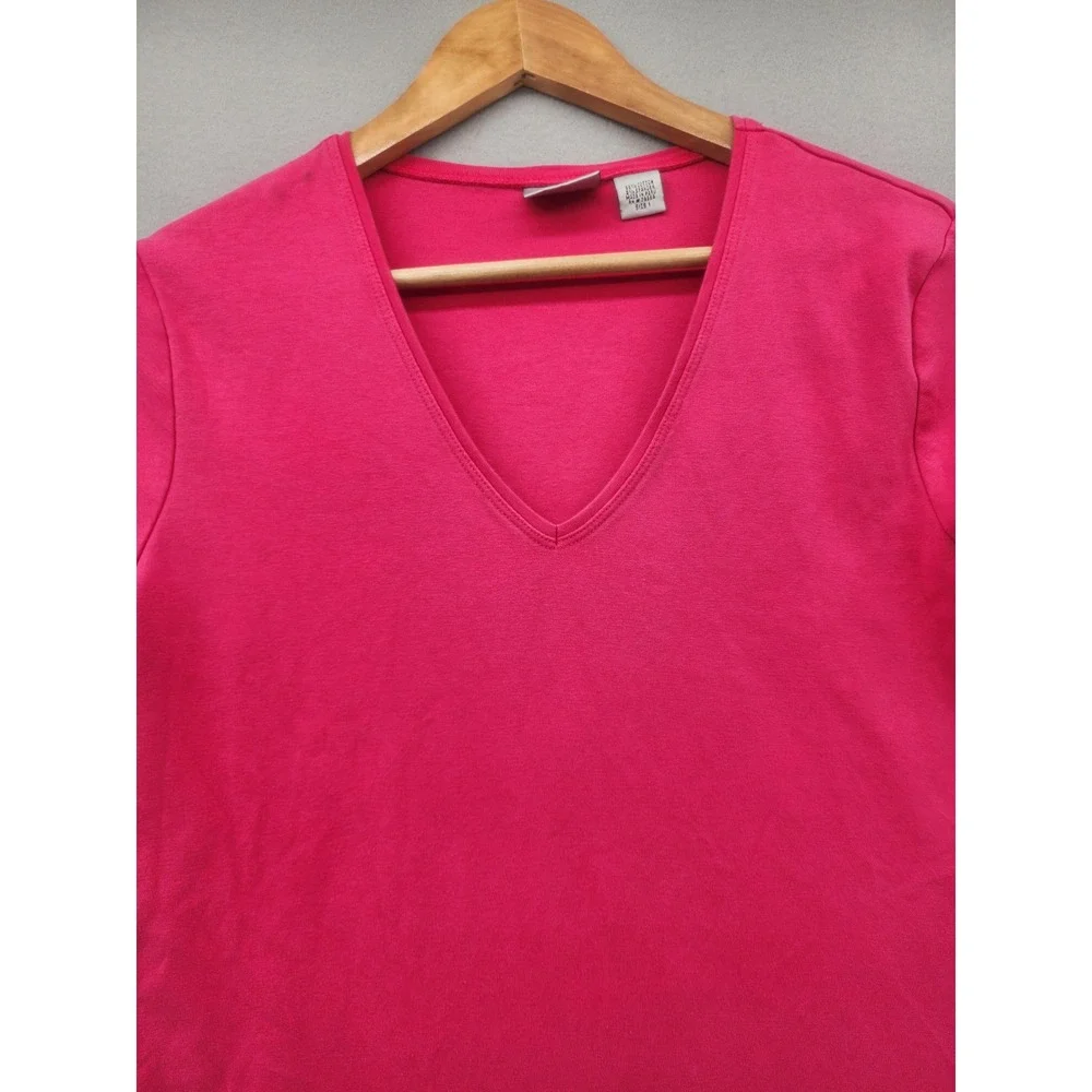 Chicos Pink V-Neck Short Sleeve T-Shirt Cotton Stretch Tee Womens‎ Size 1 Medium